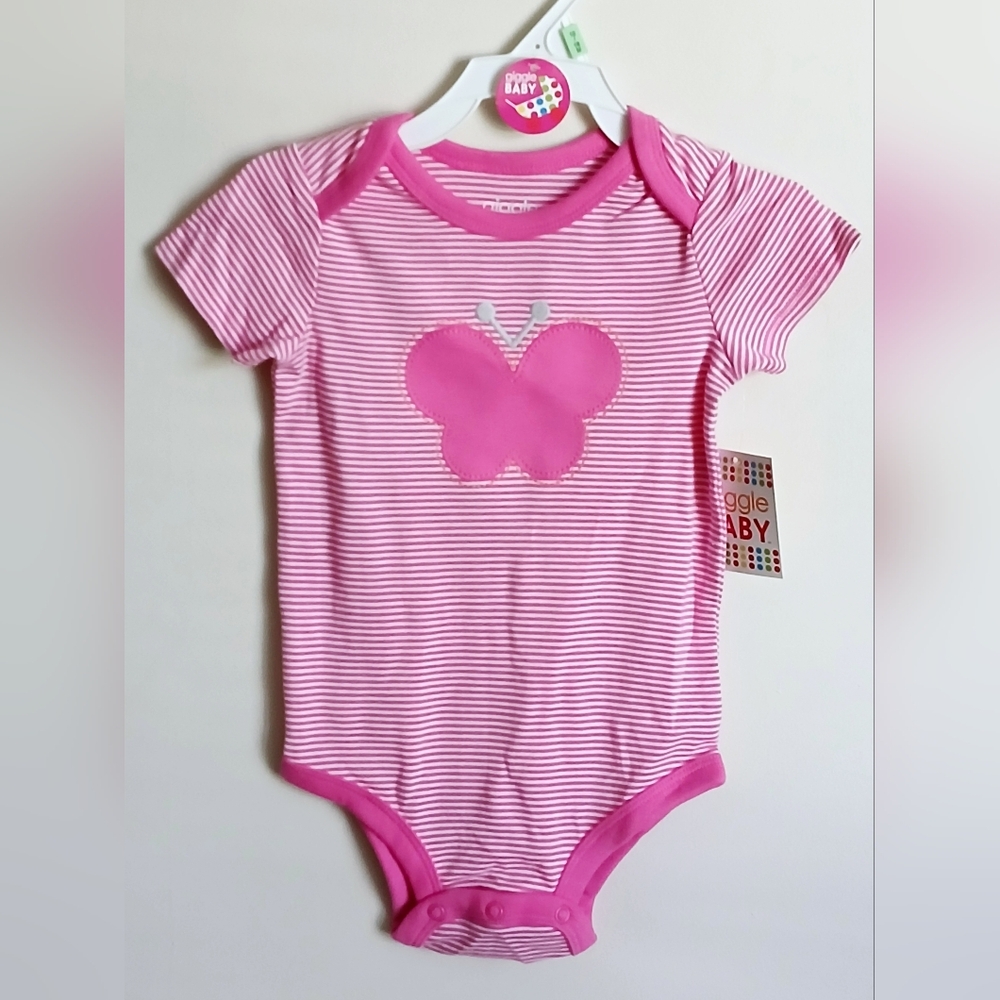 GIGGLE BABY Pink Striped Bodysuit with Butterfly Appliqué 12-18 Months